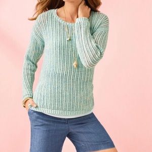 Talbots teal/white crochet sweater size Medium